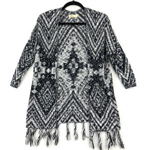 Hollister Womens Cardigan Sweater XS Black Marled Aztec Open Front Fringe Trim